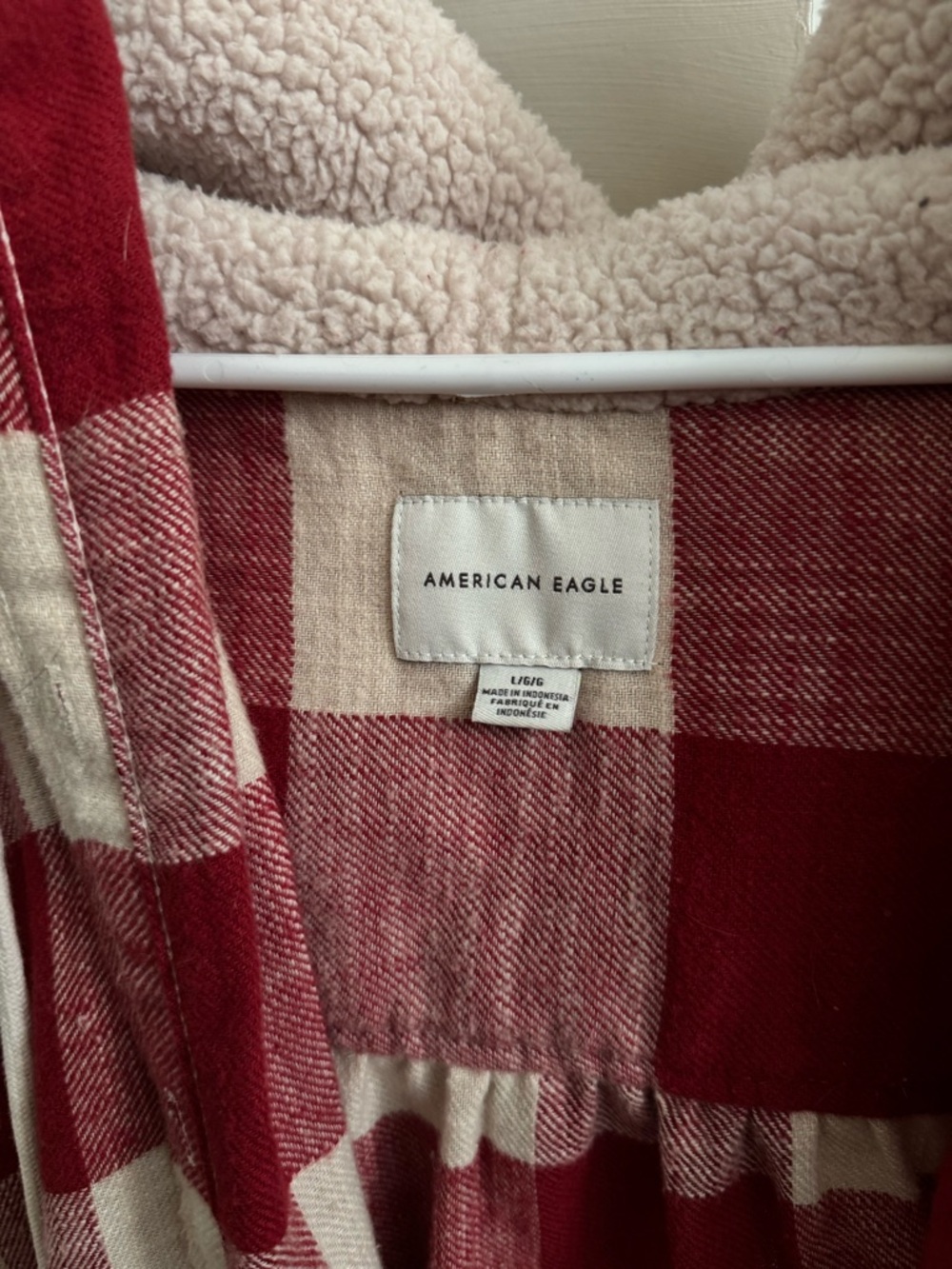 American Eagle Red & Cream Plaid Sherpa-Lined Hooded Shacket - Picture 2 of 5